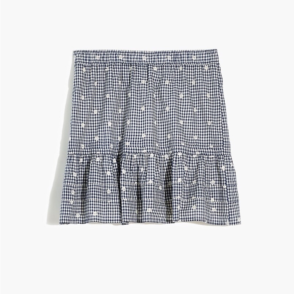 Madewell Plus Embroidered Tiered Pull-On Gingham Mini Skirt